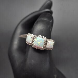 JTV BBJ Lab Created Opal Ring Rhodium Sterling Silver Size 9.75